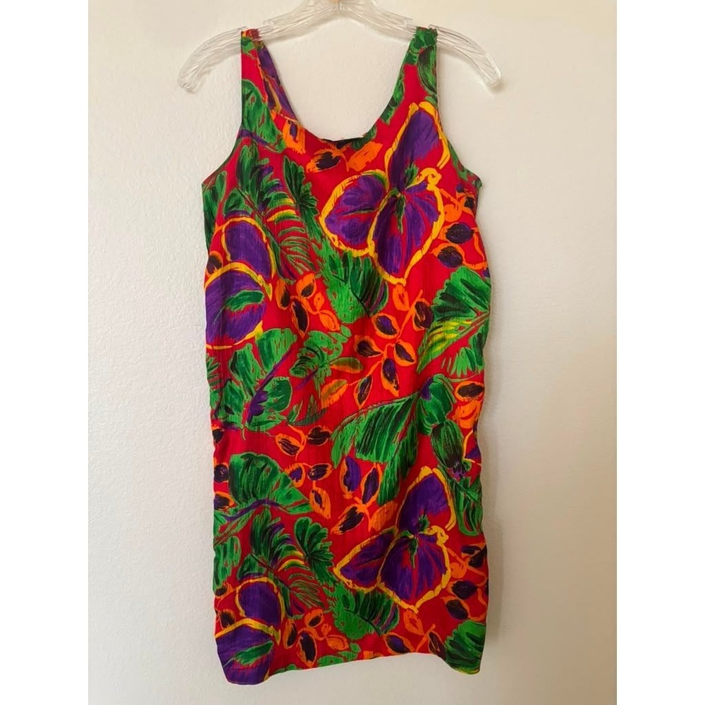 Vintage Russell Tropical Floral Shift Mini Dress Red Purple‎ Hibiscus Sleeveless